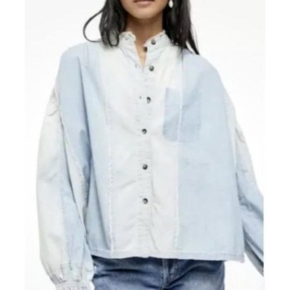 Womens We The Free Set Sail Distressed Denim Indigo Combo Shirt Blue XS